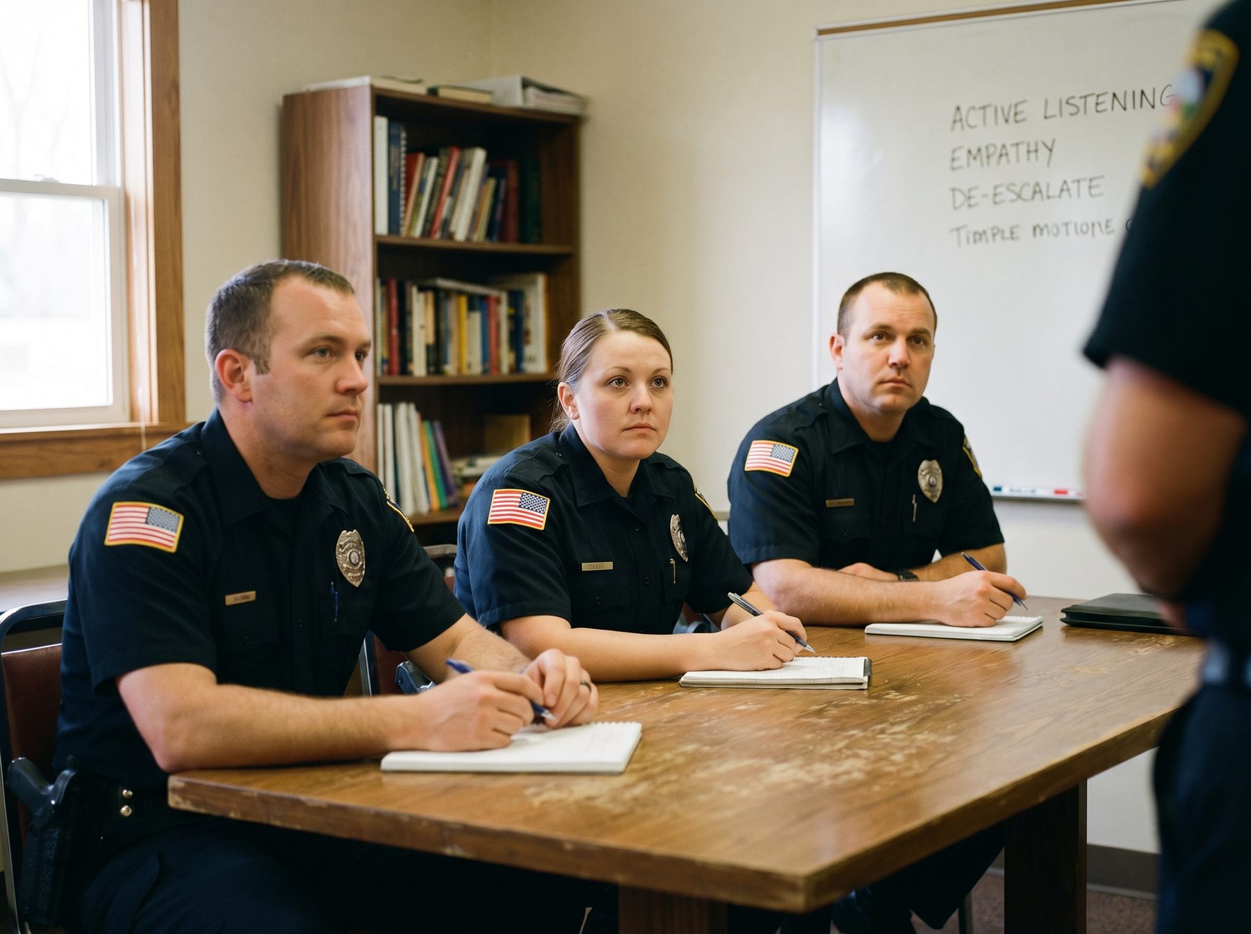 Three officers in a small-town classroom taking notes at a training session, whiteboard behind them reads 'Active Listening. Empathy. De-escalate.'